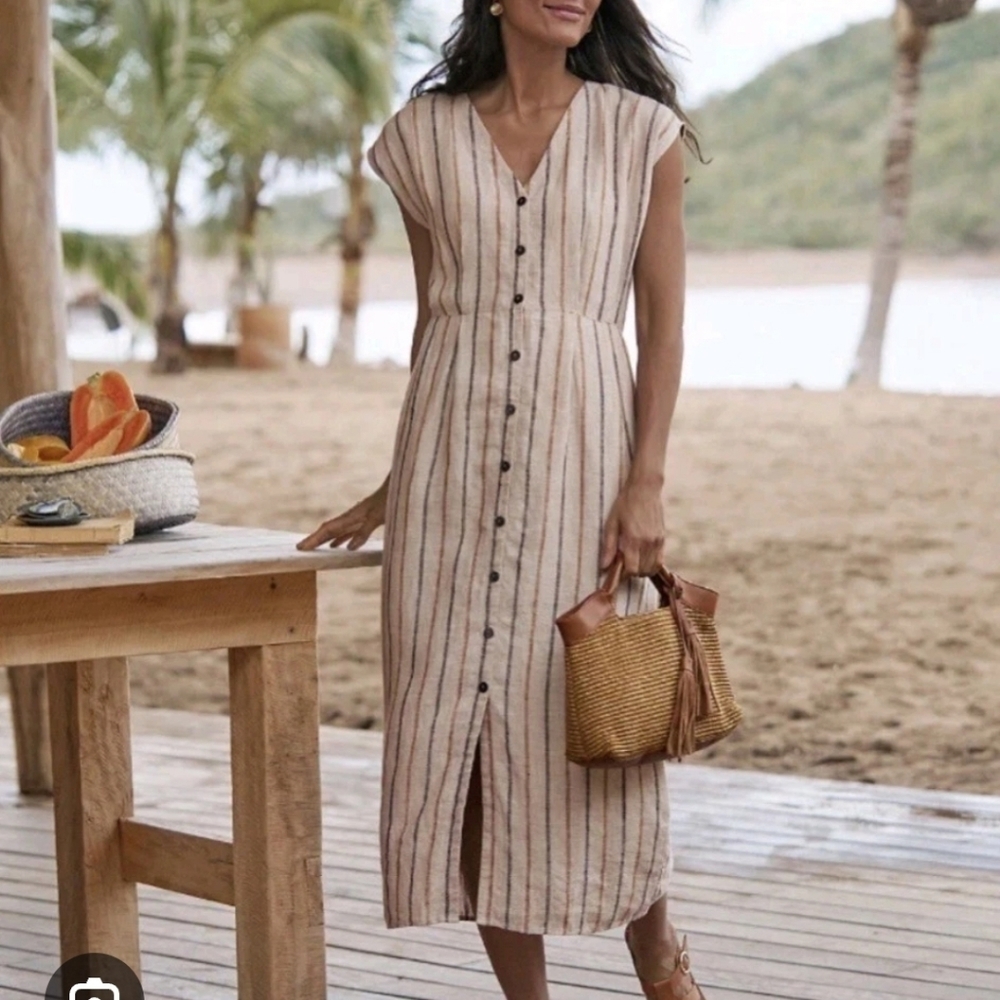 Garnet Hill Beige and Black Striped Midi Dress